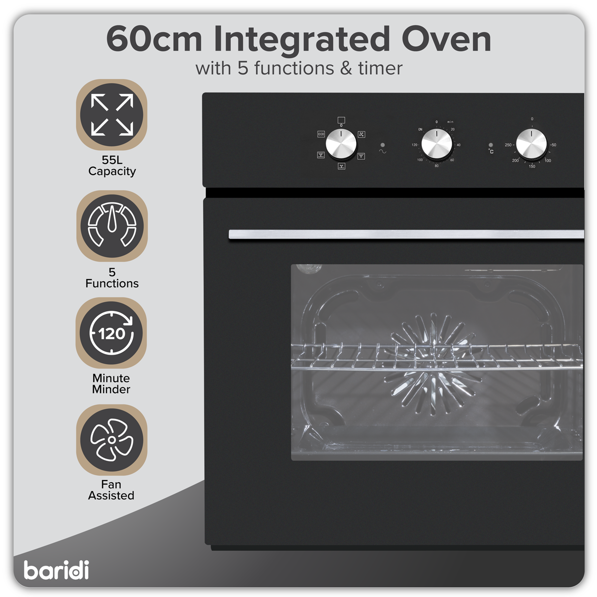 Baridi DH110 Baridi Built-In 5-Function Fan Assisted Oven with Timer 60cm, 55L Capacity - Black