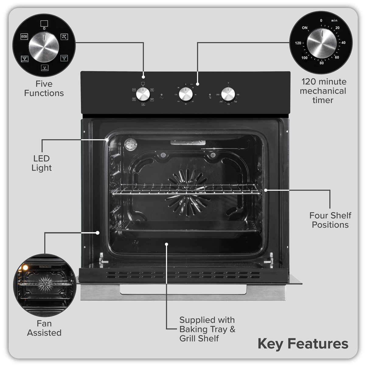 Baridi DH110 Baridi Built-In 5-Function Fan Assisted Oven with Timer 60cm, 55L Capacity - Black