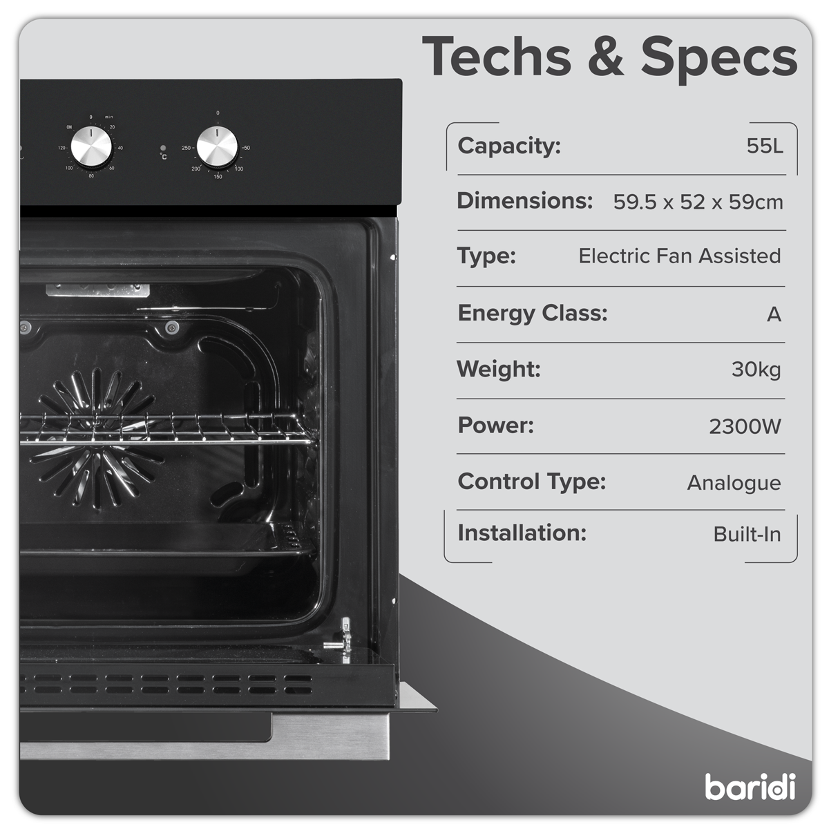 Baridi DH110 Baridi Built-In 5-Function Fan Assisted Oven with Timer 60cm, 55L Capacity - Black