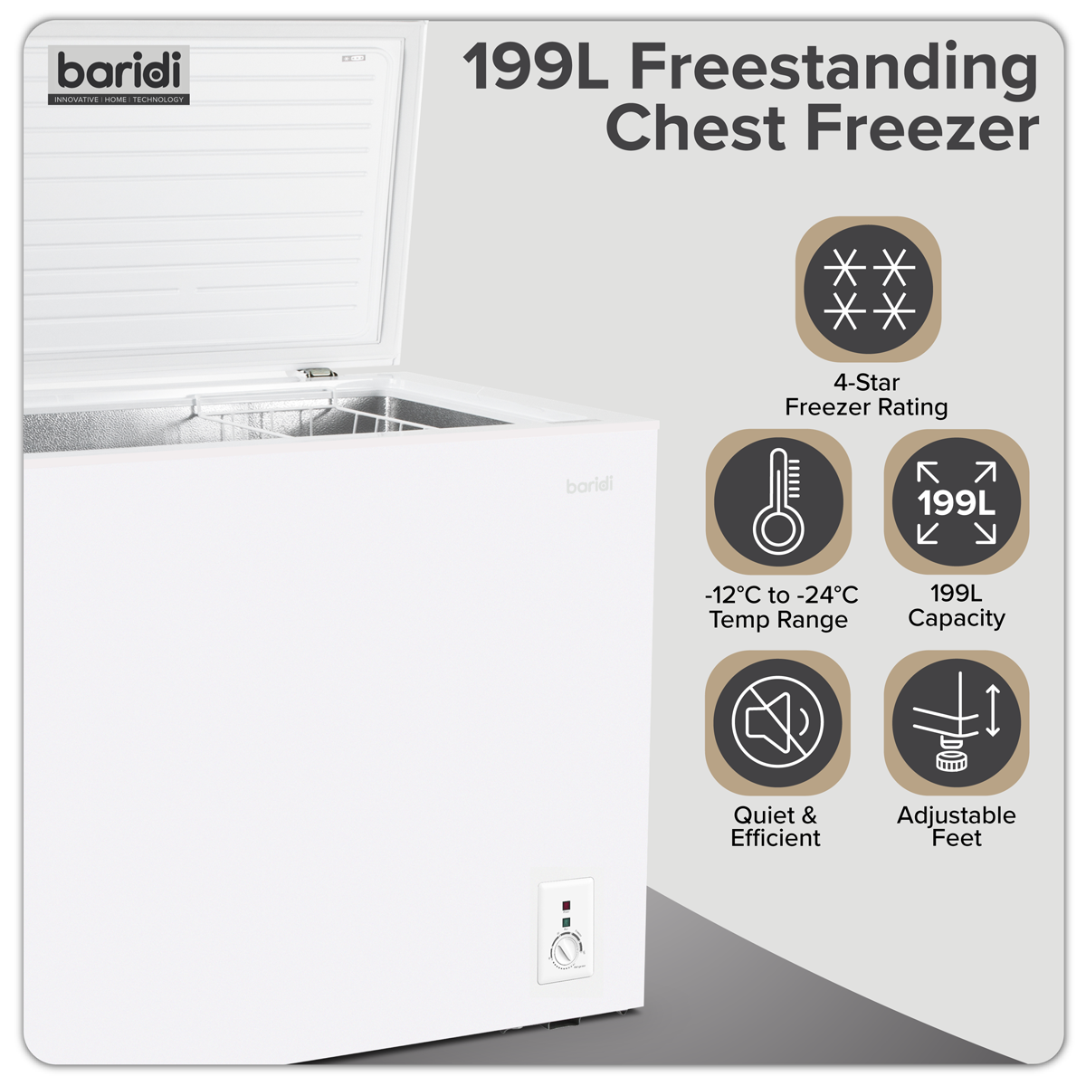 Baridi DH111 Baridi Freestanding Chest Freezer 199L Capacity - White