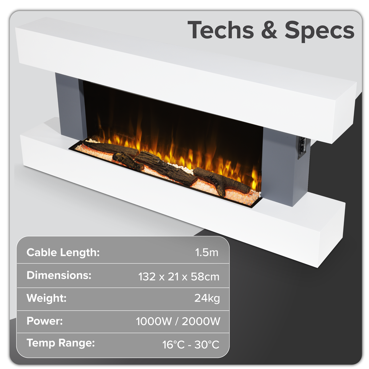 Baridi DH112 Baridi Wall Mounting Electric Fireplace with LED Flame Effect 52" - Grey