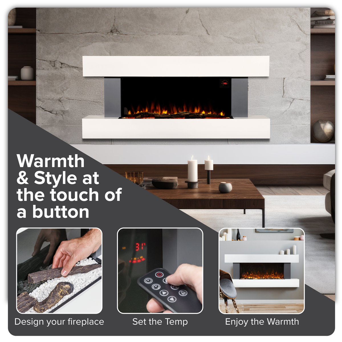 Baridi DH112 Baridi Wall Mounting Electric Fireplace with LED Flame Effect 52" - Grey