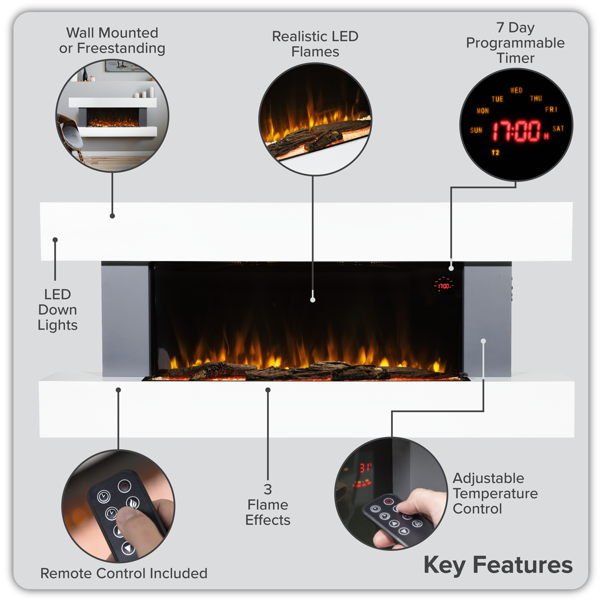 Baridi DH112 Baridi Wall Mounting Electric Fireplace with LED Flame Effect 52" - Grey