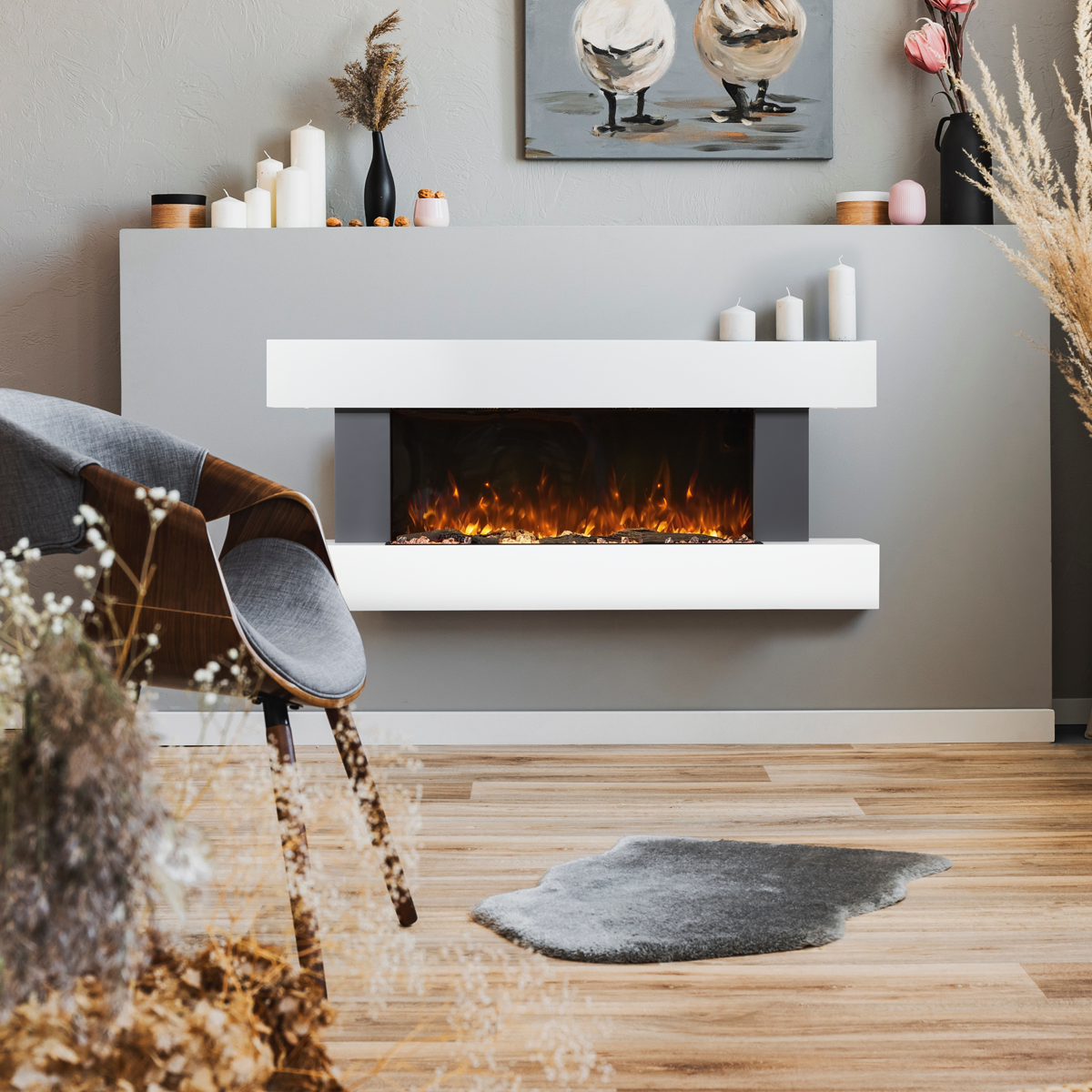 Baridi DH112 Baridi Wall Mounting Electric Fireplace with LED Flame Effect 52" - Grey