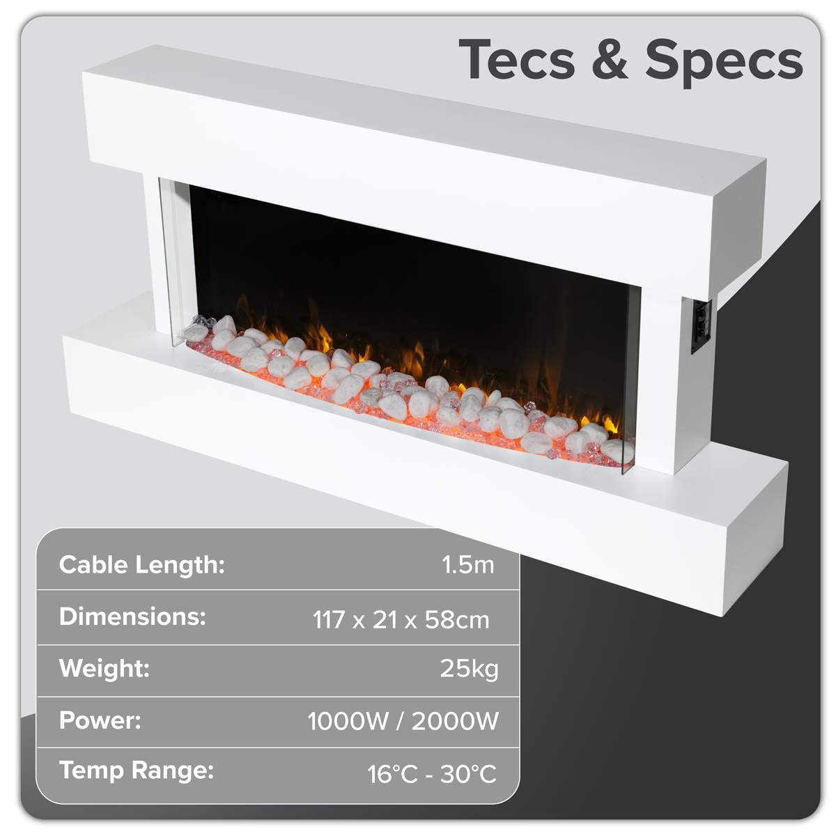Baridi DH113 Baridi Wall Mounting Electric Fireplace with LED Flame Effect 46" - White