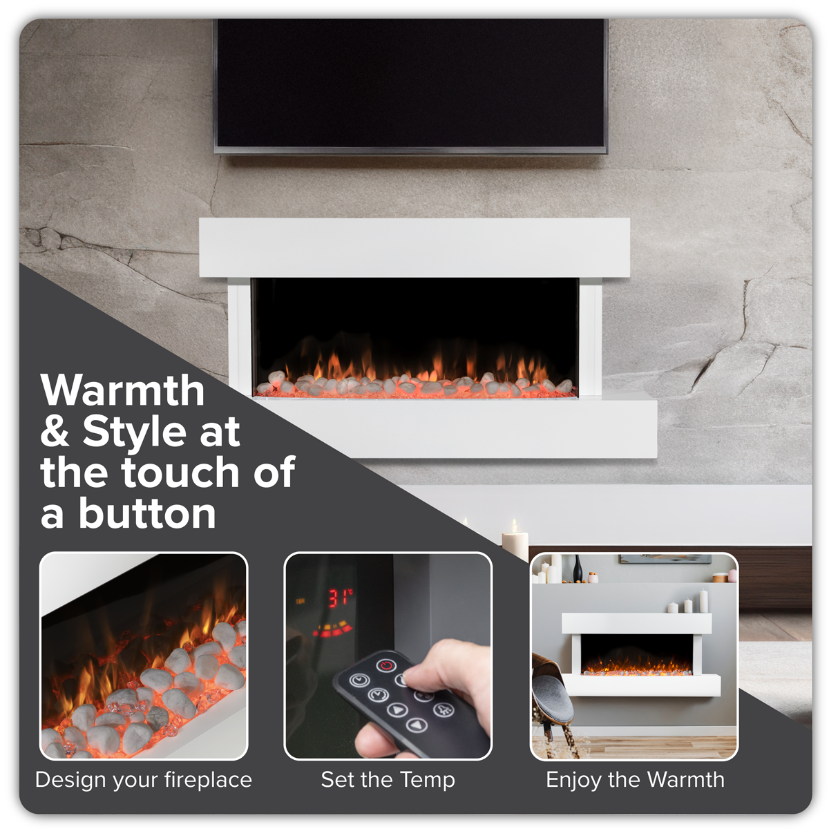 Baridi DH113 Baridi Wall Mounting Electric Fireplace with LED Flame Effect 46" - White