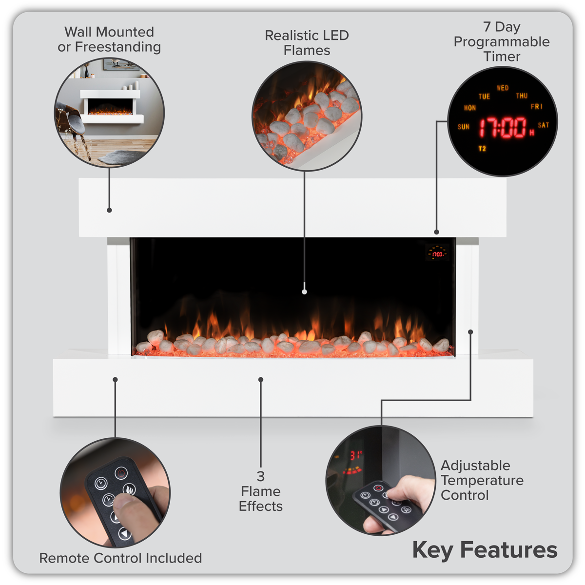Baridi DH113 Baridi Wall Mounting Electric Fireplace with LED Flame Effect 46" - White