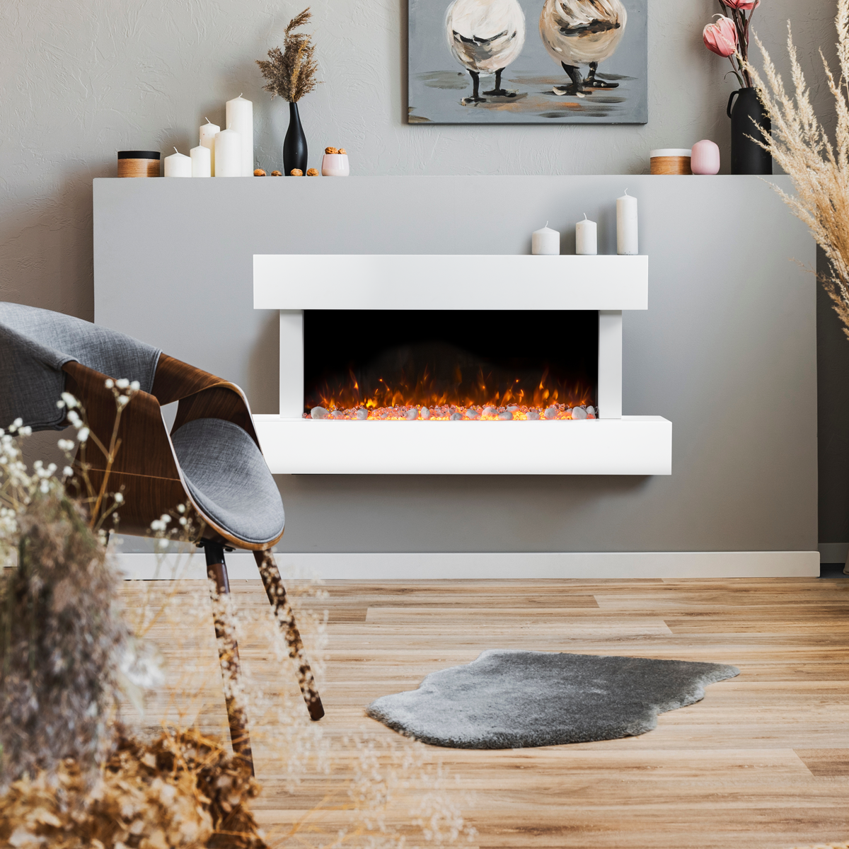 Baridi DH113 Baridi Wall Mounting Electric Fireplace with LED Flame Effect 46" - White