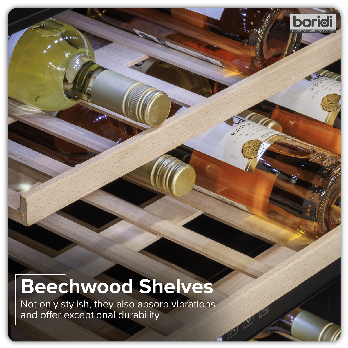 Baridi DH117 Baridi 36 Bottle Built-In Wine Cooler with Beech Wood Shelves & LED Light - Black