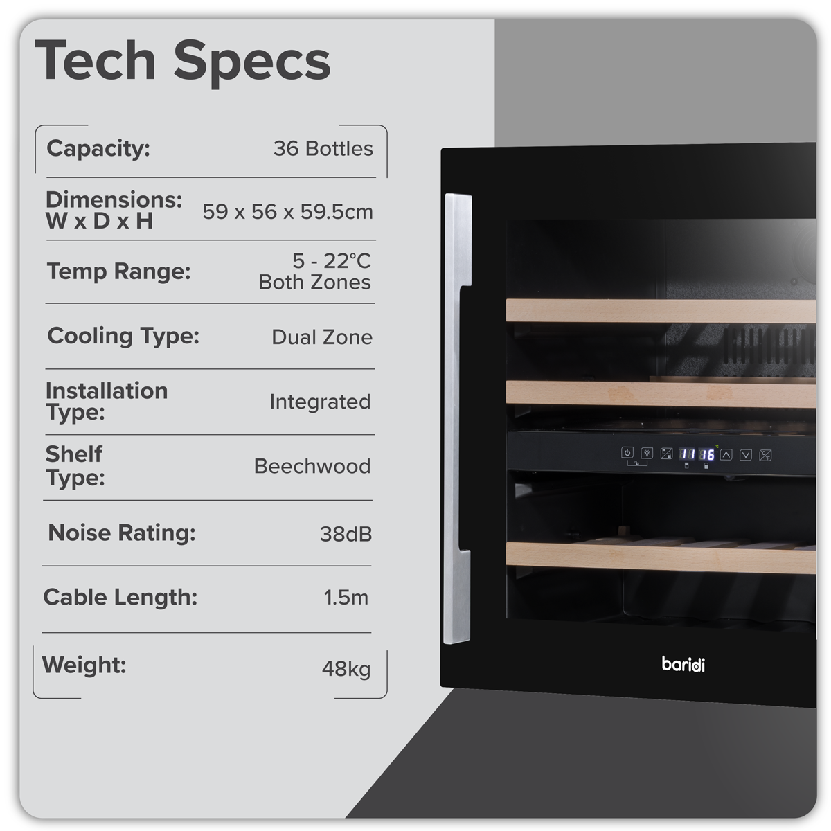 Baridi DH117 Baridi 36 Bottle Built-In Wine Cooler with Beech Wood Shelves & LED Light - Black