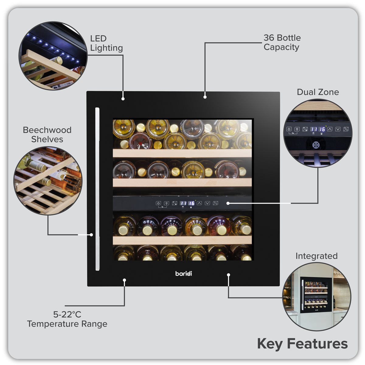 Baridi DH117 Baridi 36 Bottle Built-In Wine Cooler with Beech Wood Shelves & LED Light - Black