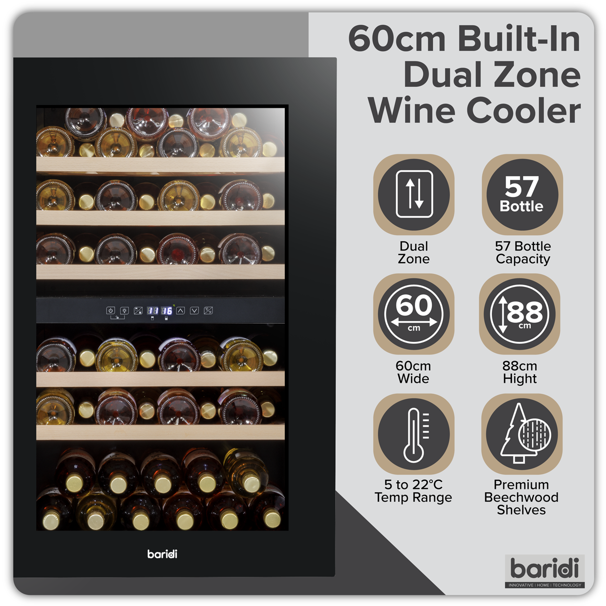 Baridi DH118 Baridi 57 Bottle Built-In Dual Zone Wine Cooler with Beech Wood Shelves & LED Light - Black