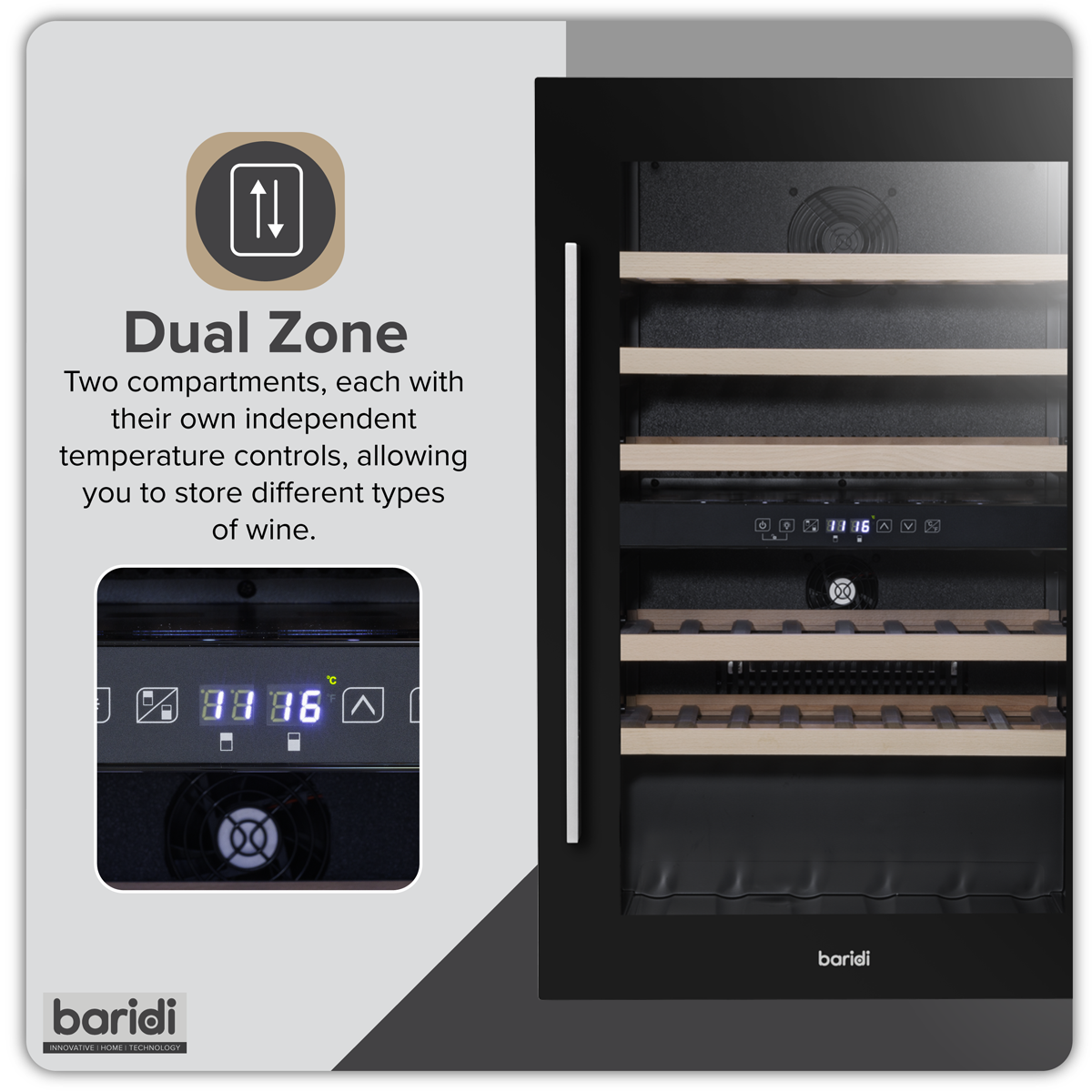 Baridi DH118 Baridi 57 Bottle Built-In Dual Zone Wine Cooler with Beech Wood Shelves & LED Light - Black