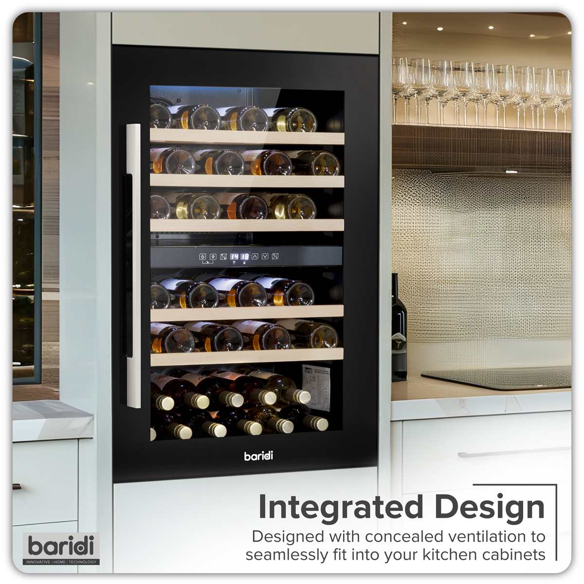 Baridi DH118 Baridi 57 Bottle Built-In Dual Zone Wine Cooler with Beech Wood Shelves & LED Light - Black