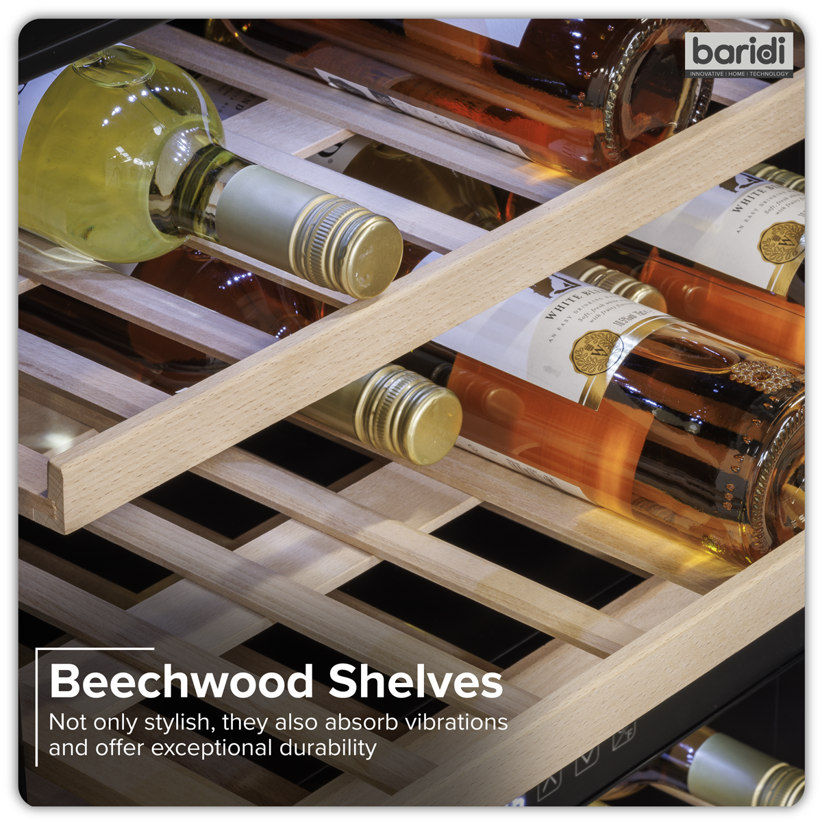 Baridi DH118 Baridi 57 Bottle Built-In Dual Zone Wine Cooler with Beech Wood Shelves & LED Light - Black