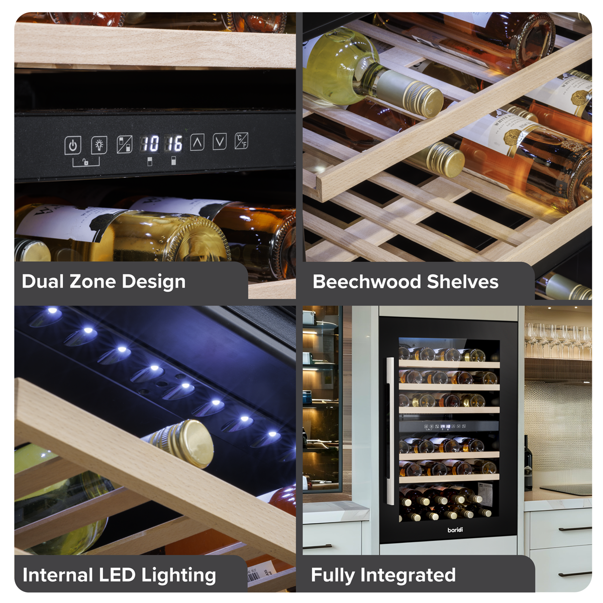 Baridi DH118 Baridi 57 Bottle Built-In Dual Zone Wine Cooler with Beech Wood Shelves & LED Light - Black
