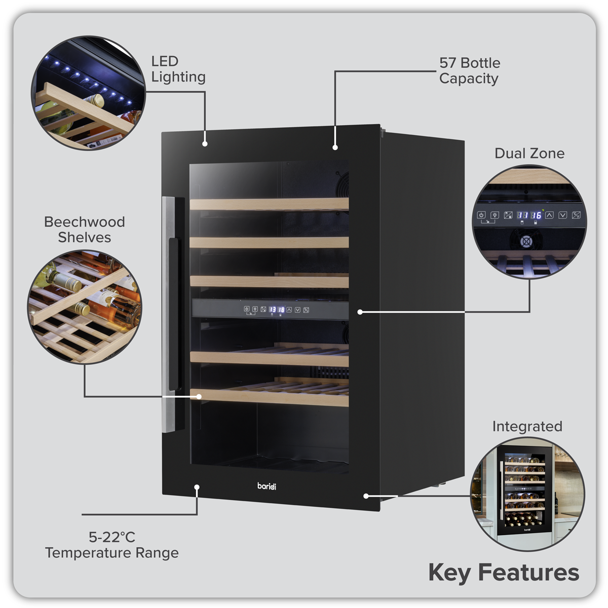 Baridi DH118 Baridi 57 Bottle Built-In Dual Zone Wine Cooler with Beech Wood Shelves & LED Light - Black
