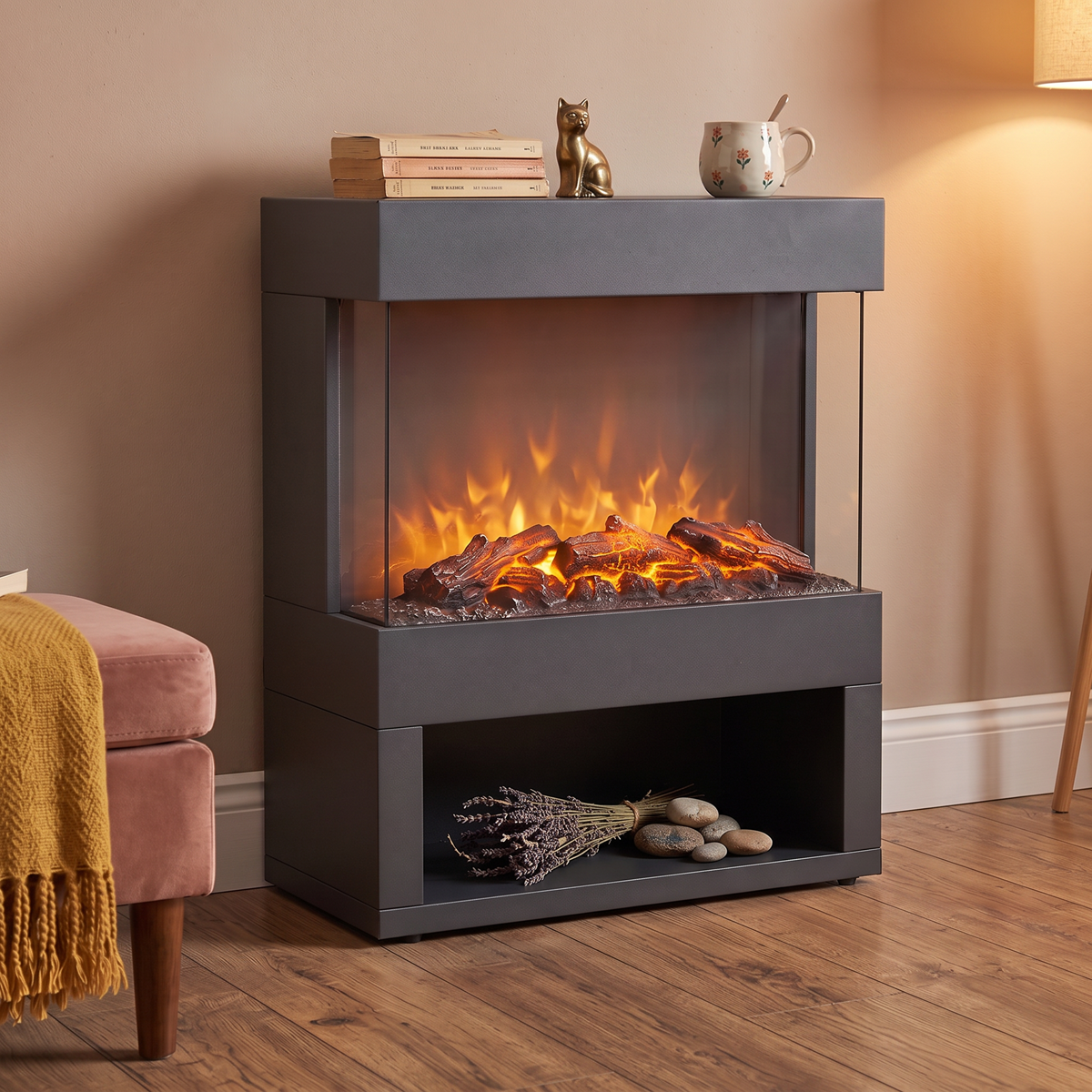 Baridi DH122 Baridi Electric Stove Heater Fireplace with LED Log Flame Effect & Wood Storage 1800W – Black