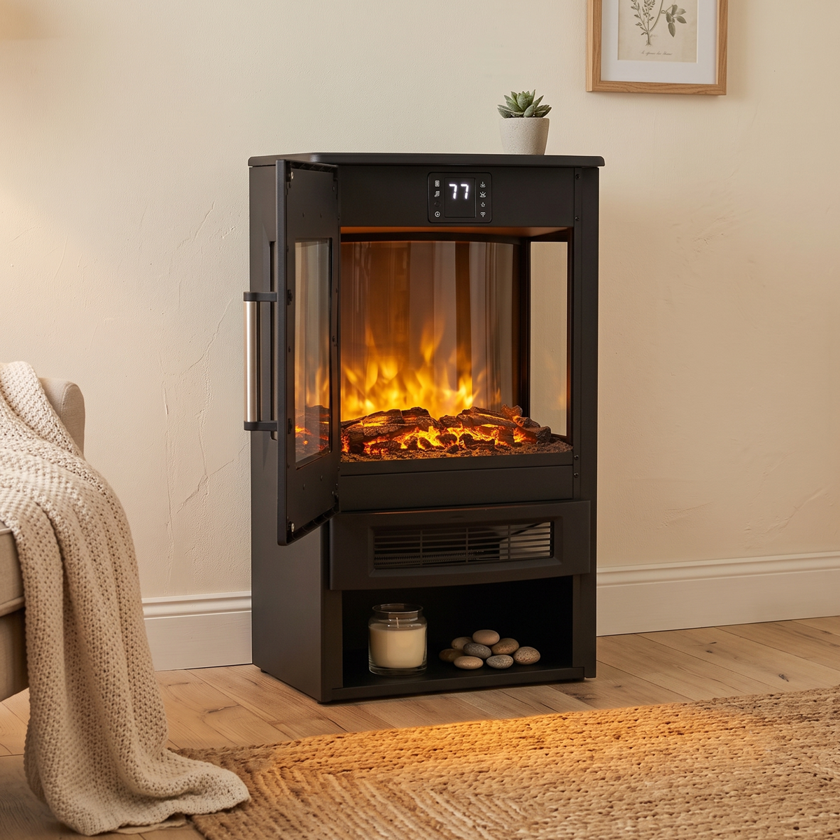Baridi DH123 Baridi Panoramic Electric Stove Heater with LED Flame Effect & Log Storage 1800W - Black
