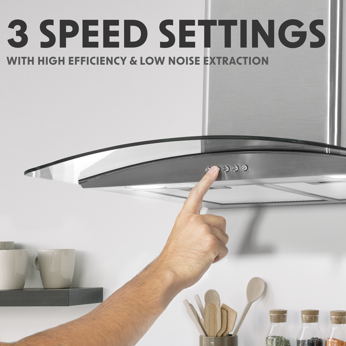 Baridi DH128 Baridi Curved Glass Cooker Hood with Carbon Filters & LED Lights 60cm - Stainless Steel