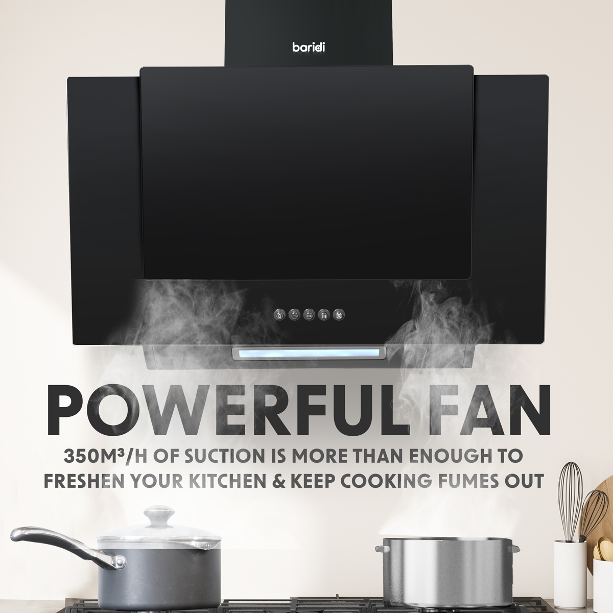 Baridi DH129 Baridi Angled Chimney Cooker Hood with Carbon Filters & LED Lamp - Black Glass