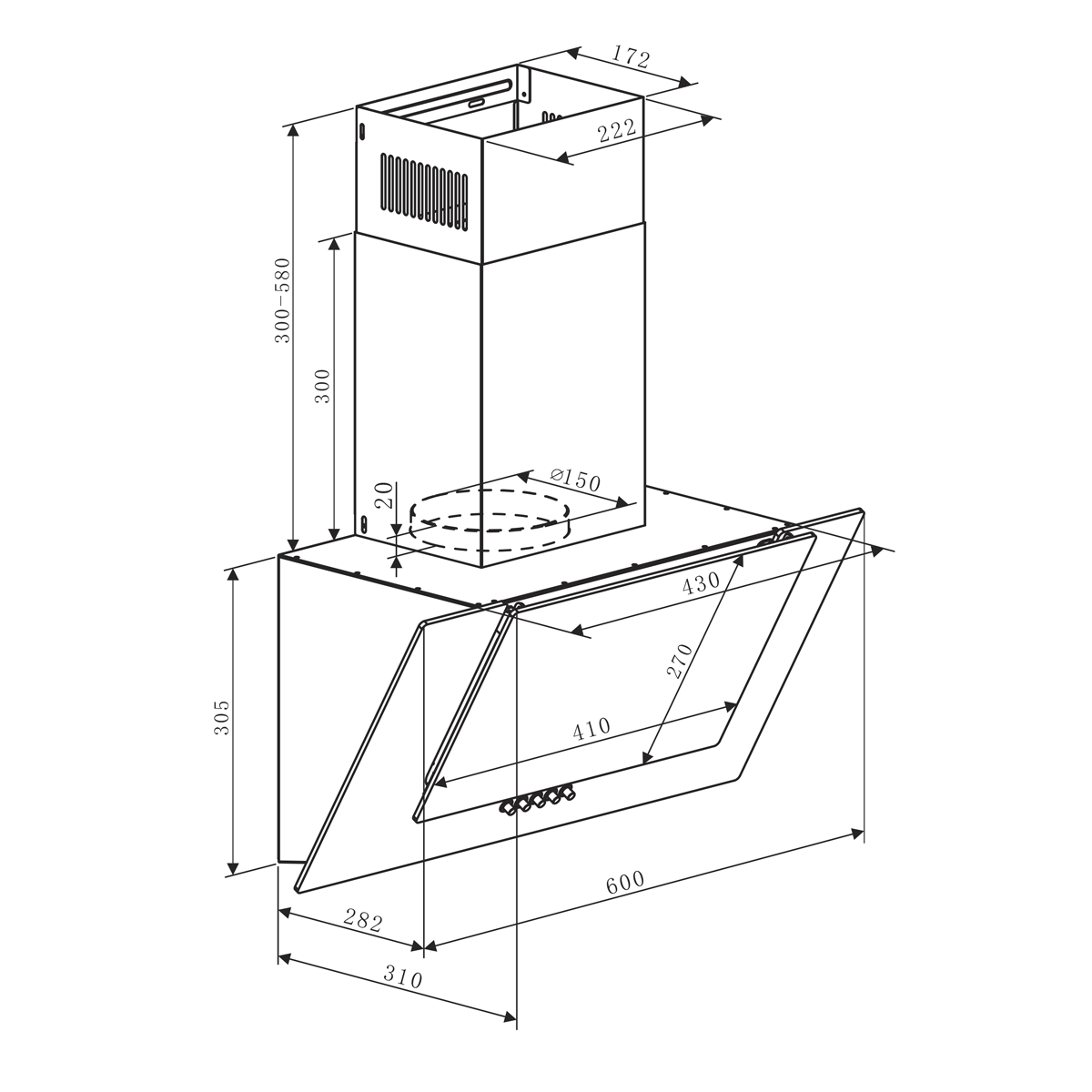 Baridi DH129 Baridi Angled Chimney Cooker Hood with Carbon Filters & LED Lamp - Black Glass