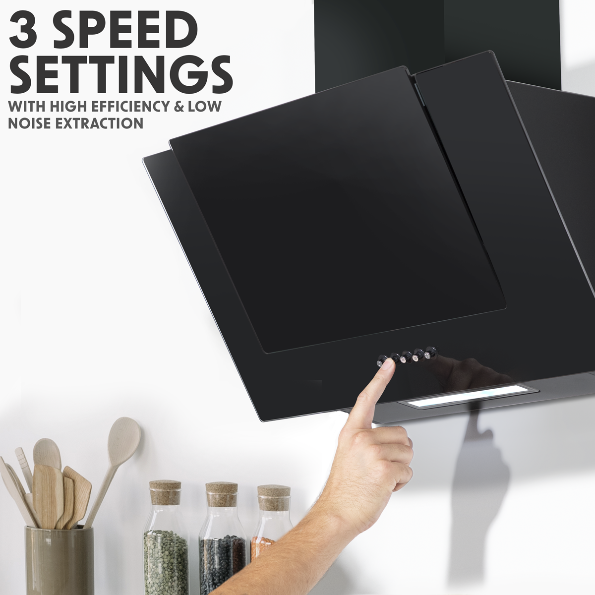 Baridi DH129 Baridi Angled Chimney Cooker Hood with Carbon Filters & LED Lamp - Black Glass