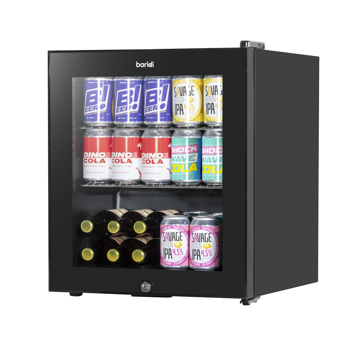 Baridi DH12 Baridi Mini Tabletop Beer & Drinks Fridge with Metal Shelves, LED Light & Security Lock 50L - Black