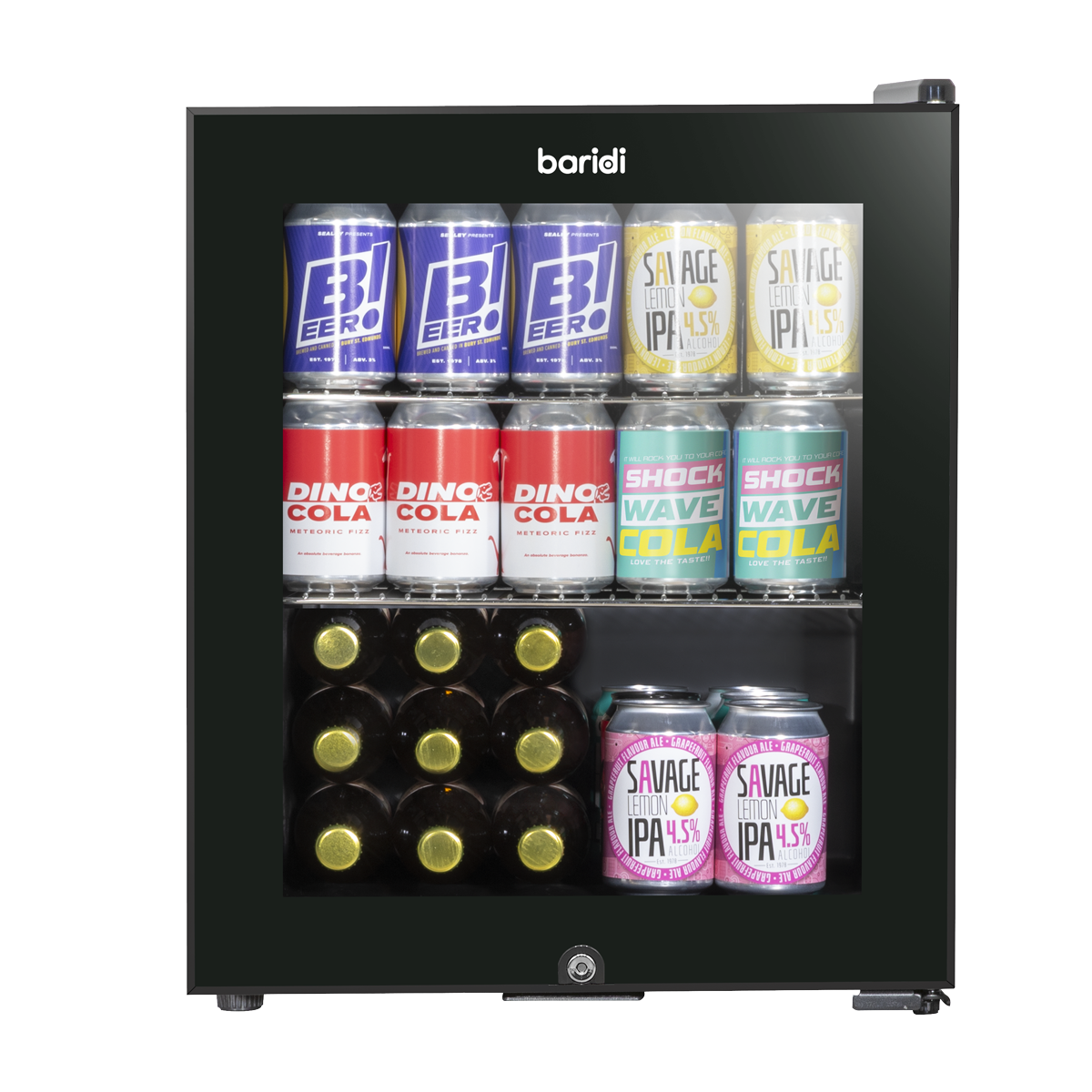 Baridi DH12 Baridi Mini Tabletop Beer & Drinks Fridge with Metal Shelves, LED Light & Security Lock 50L - Black