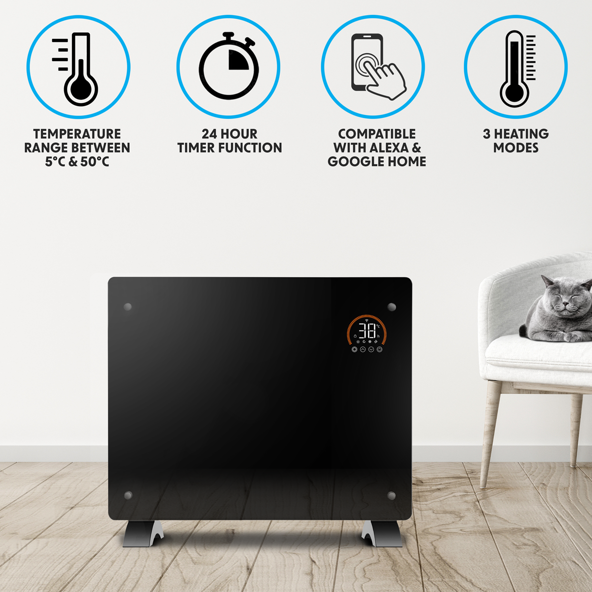 Baridi DH137 Baridi Electric Glass Panel Heater, 1500W, Thermostat Controlled 24Hr 7 Day Timer, Wi-Fi Enabled, Remote Control, Black - DH137