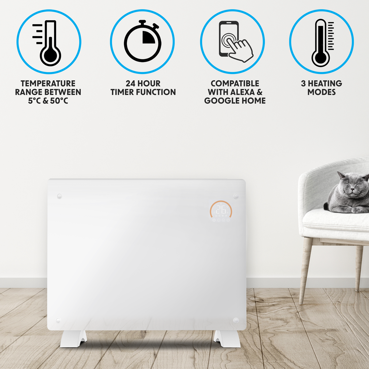Baridi DH138 Baridi Electric Glass Panel Heater, 1500W, Thermostat Controlled 24Hr 7 Day Timer, Wi-Fi Enabled, Remote Control, White