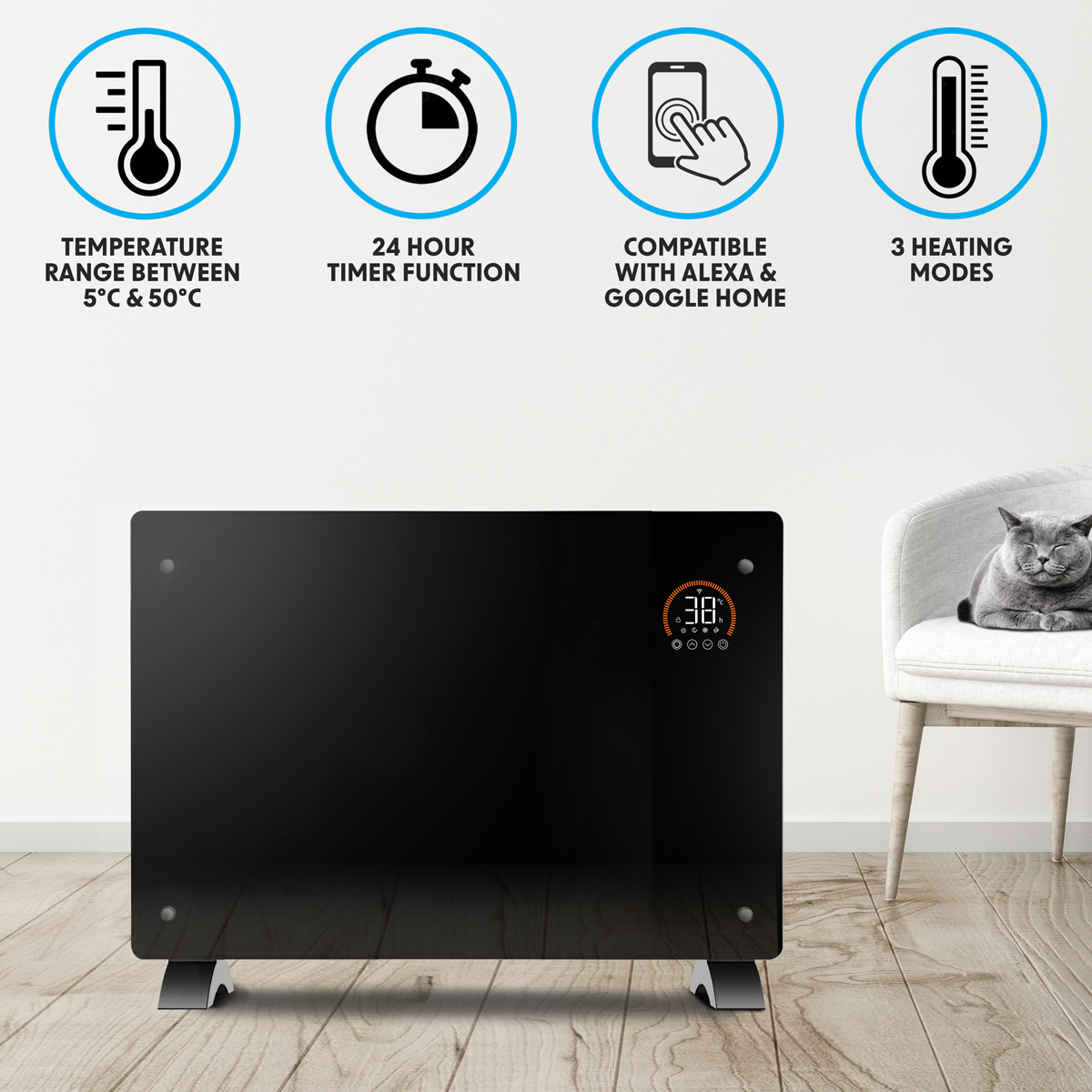 Baridi DH139 Baridi Electric Glass Panel Heater, 2000W, Thermostat Controlled Radiator with 24Hr 7 Day Timer, Wi-Fi Enabled, Remote Control, Black