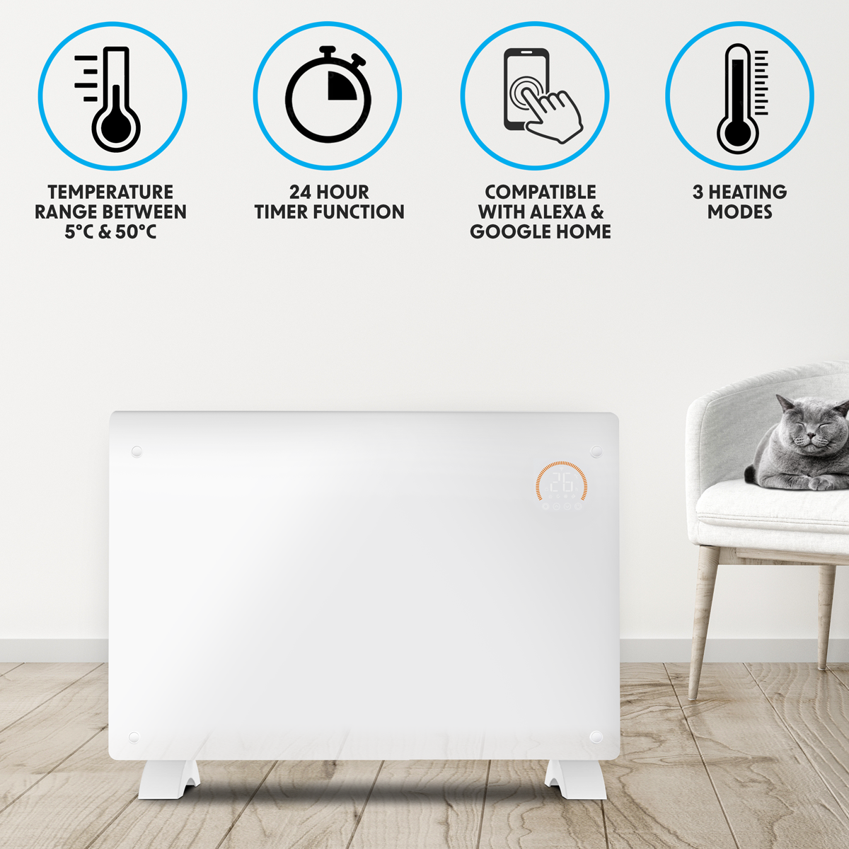 Baridi DH140 Baridi Electric Glass Panel Heater, 2000W, Thermostat Controlled 24Hr 7 Day Timer, Wi-Fi Enabled, Remote Control, White
