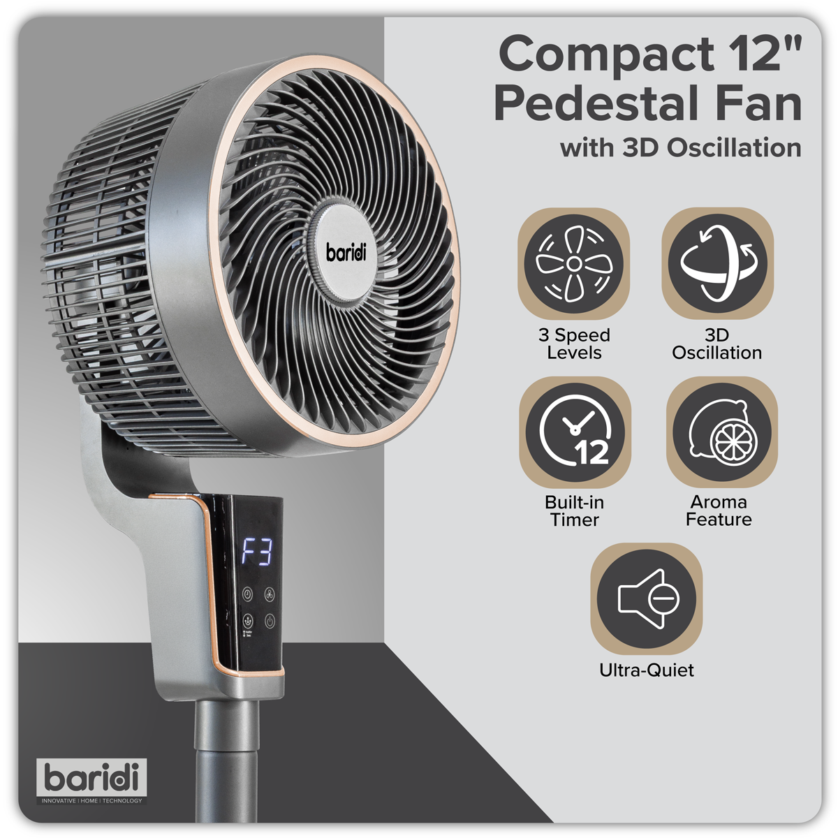 Baridi DH141 Baridi 12" Pedestal Fan with Remote Control & 12hr Timer 230V - Grey