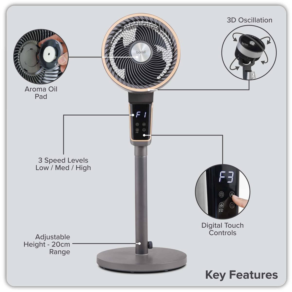 Baridi DH141 Baridi 12" Pedestal Fan with Remote Control & 12hr Timer 230V - Grey