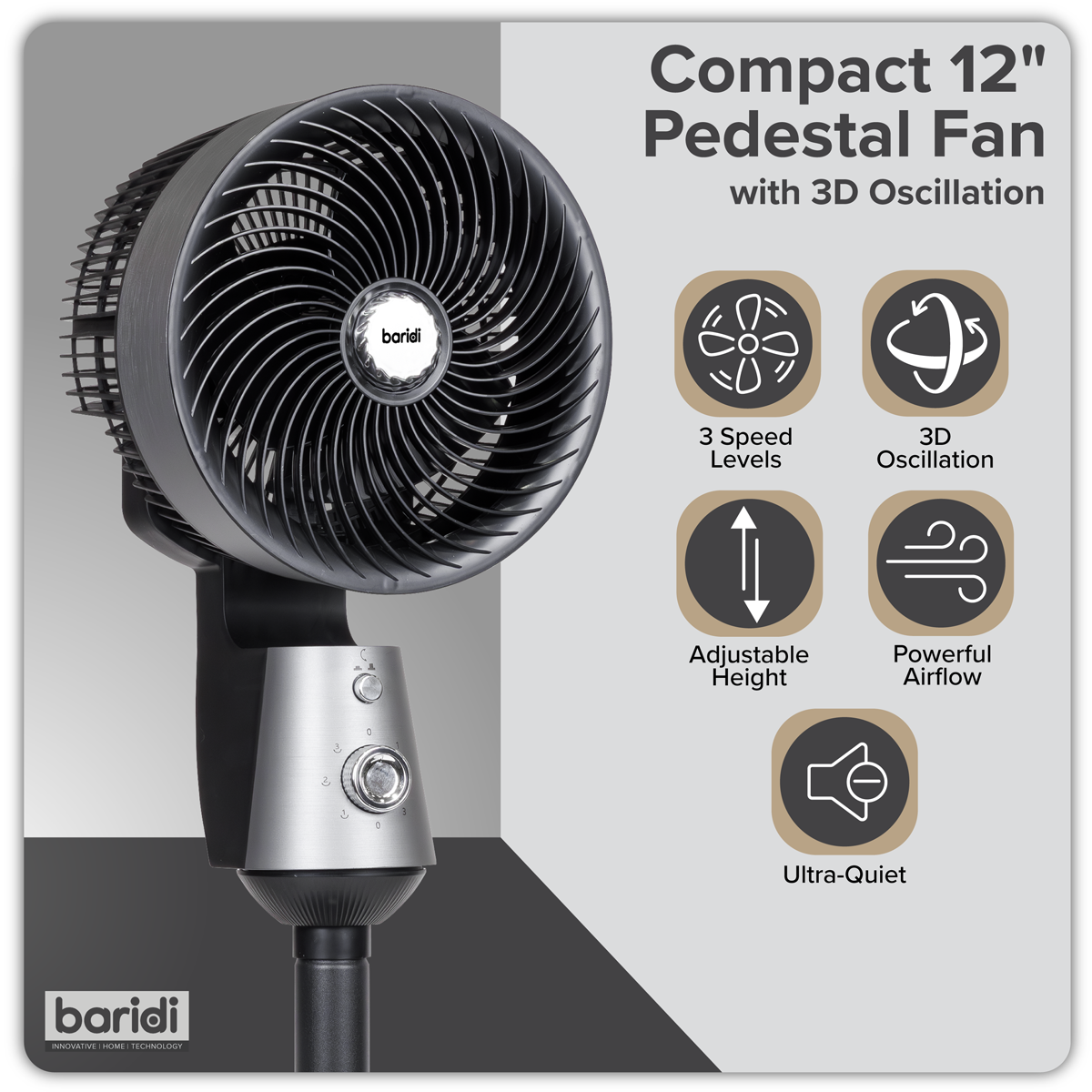 Baridi DH142 Baridi 10" Pedestal Fan with Manual Control 230V - Grey