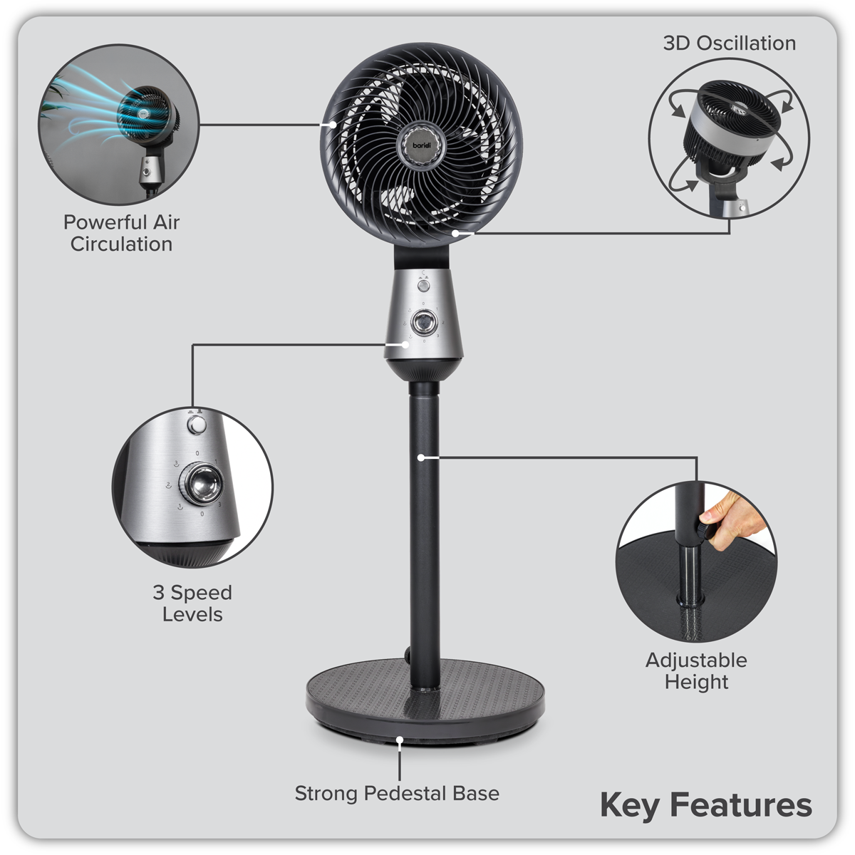 Baridi DH142 Baridi 10" Pedestal Fan with Manual Control 230V - Grey