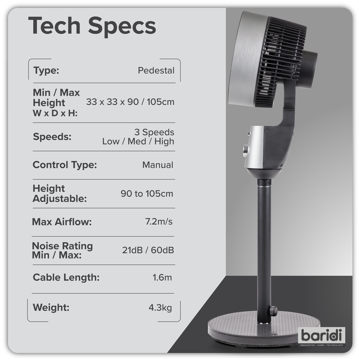Baridi DH142 Baridi 10" Pedestal Fan with Manual Control 230V - Grey
