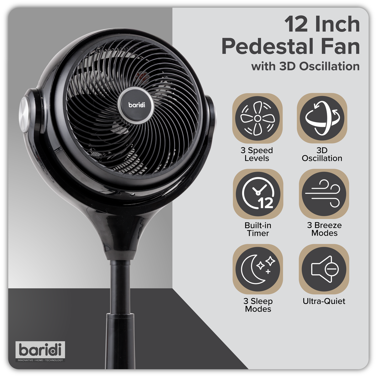 Baridi DH143 Baridi 10" Pedestal Fan with Remote Control & 12hr Timer 230V - Black