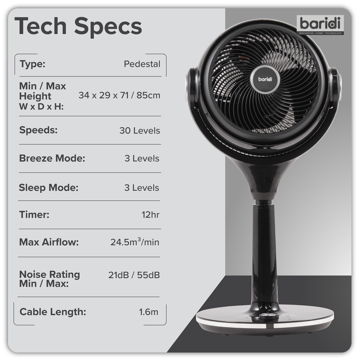 Baridi DH143 Baridi 10" Pedestal Fan with Remote Control & 12hr Timer 230V - Black