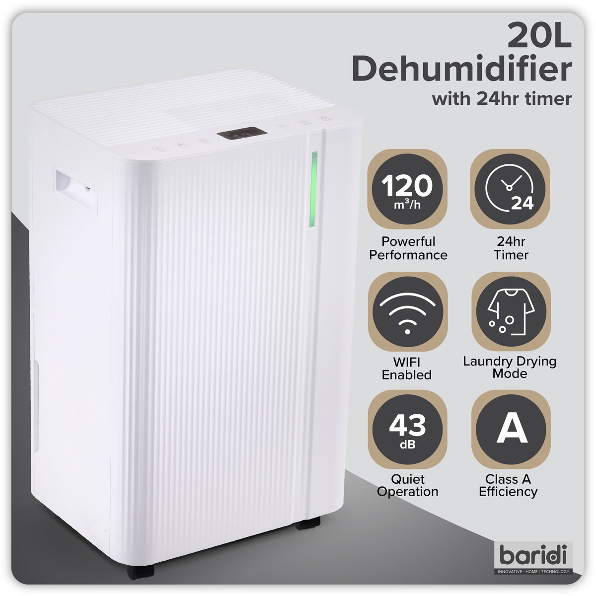 Baridi DH147 Baridi Dehumidifier with Digital Display & 24hr Timer 12L - White