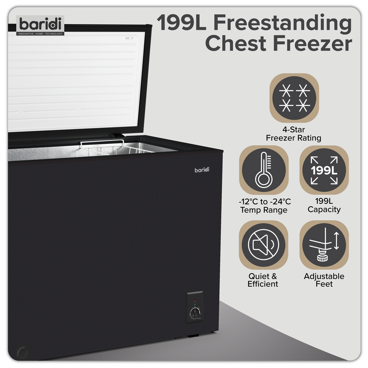 Baridi DH151 Baridi Freestanding Chest Freezer 199L Capacity - Black