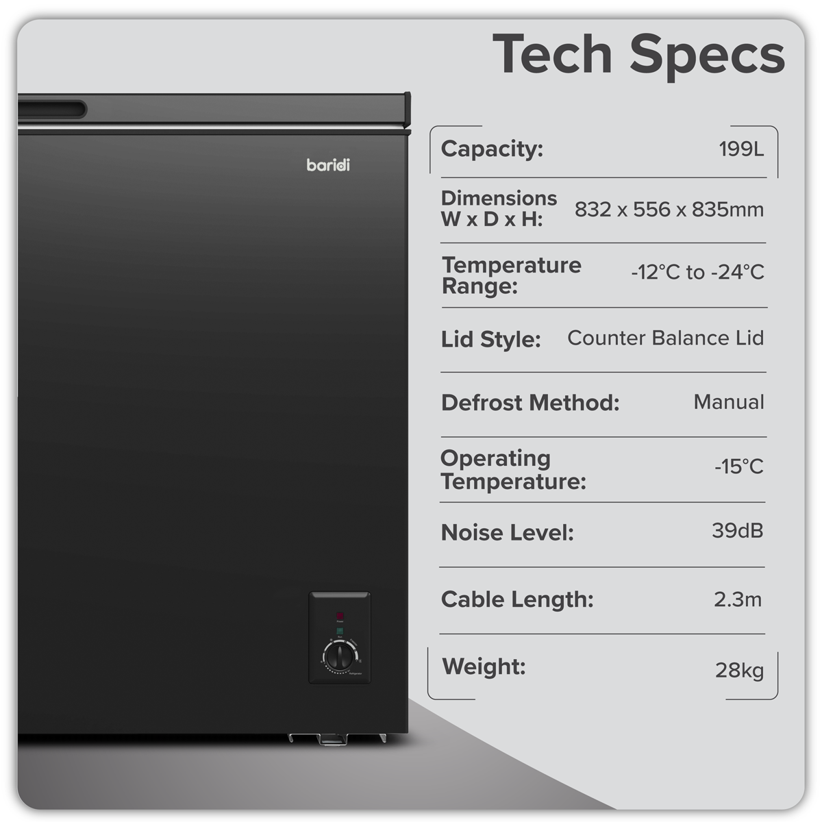 Baridi DH151 Baridi Freestanding Chest Freezer 199L Capacity - Black