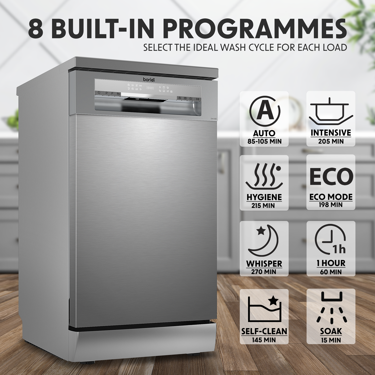 Baridi DH166 Baridi Slimline Freestanding Dishwasher 45cm Wide 10 Place Settings - Silver