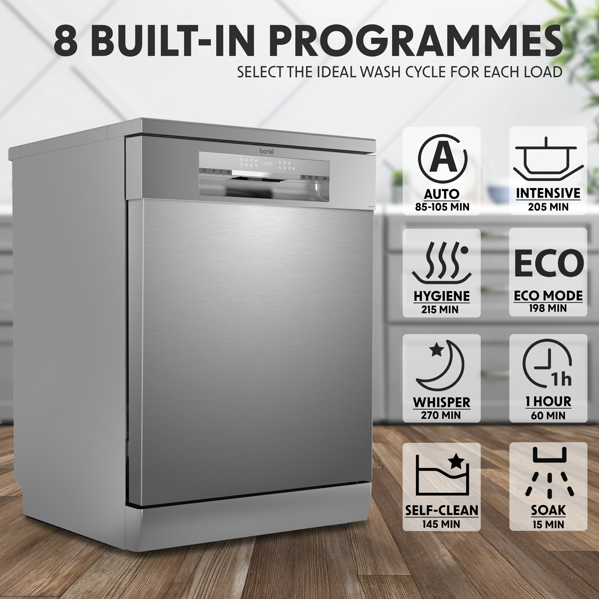 Baridi DH167 Baridi Regular Sized Freestanding Dishwasher 60cm Wide 14 Place Settings - Silver