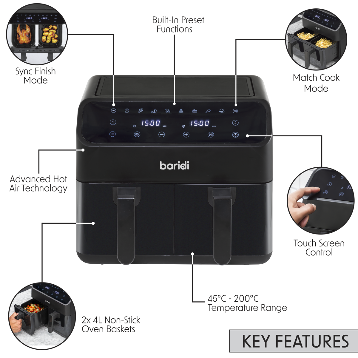 Baridi DH172 Baridi Dual Zone Air Fryer 8L with 8-in-1 Functions Touch Controls, Easy-Clean, Black - DH172