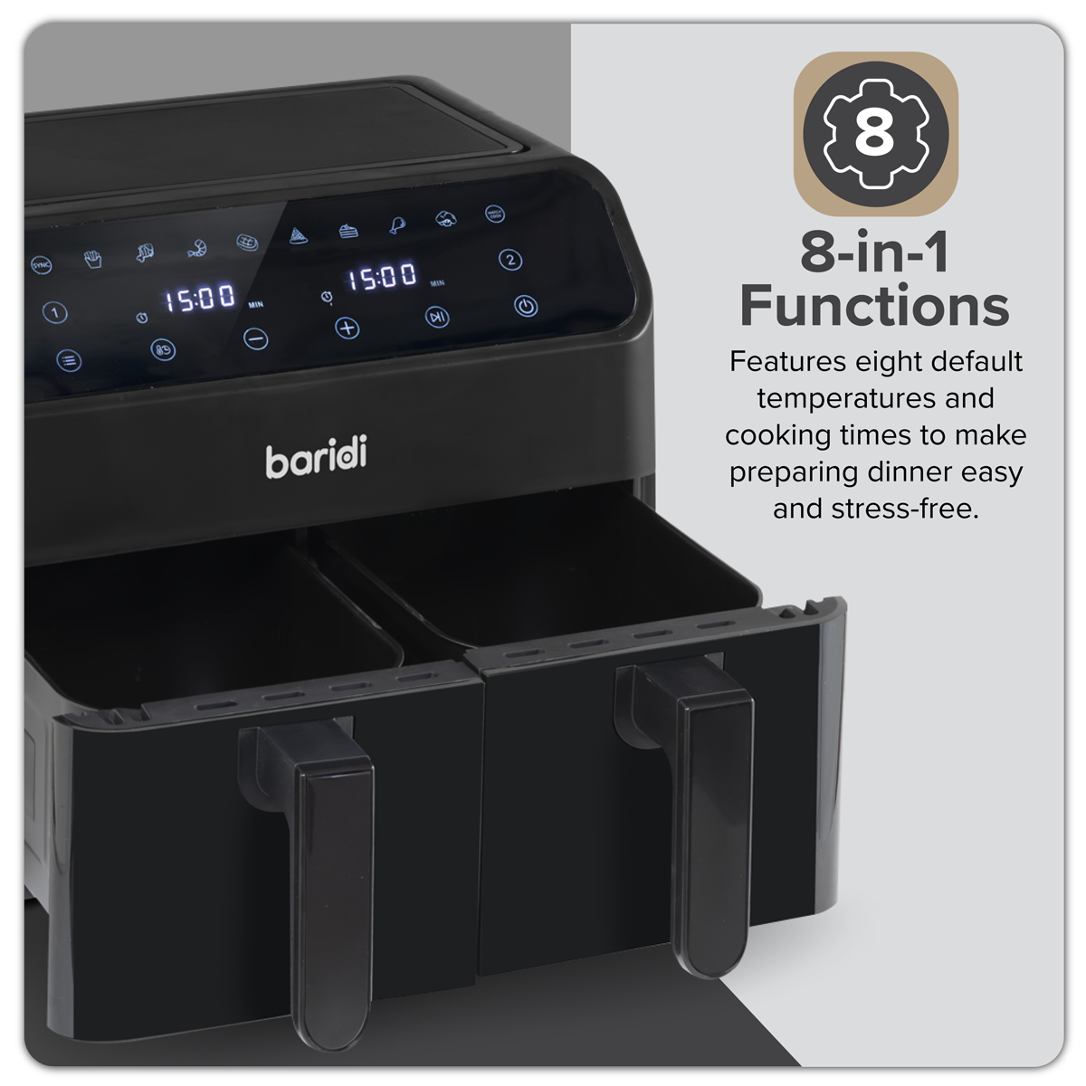 Baridi DH172 Baridi Dual Zone Air Fryer 8L with 8-in-1 Functions Touch Controls, Easy-Clean, Black - DH172