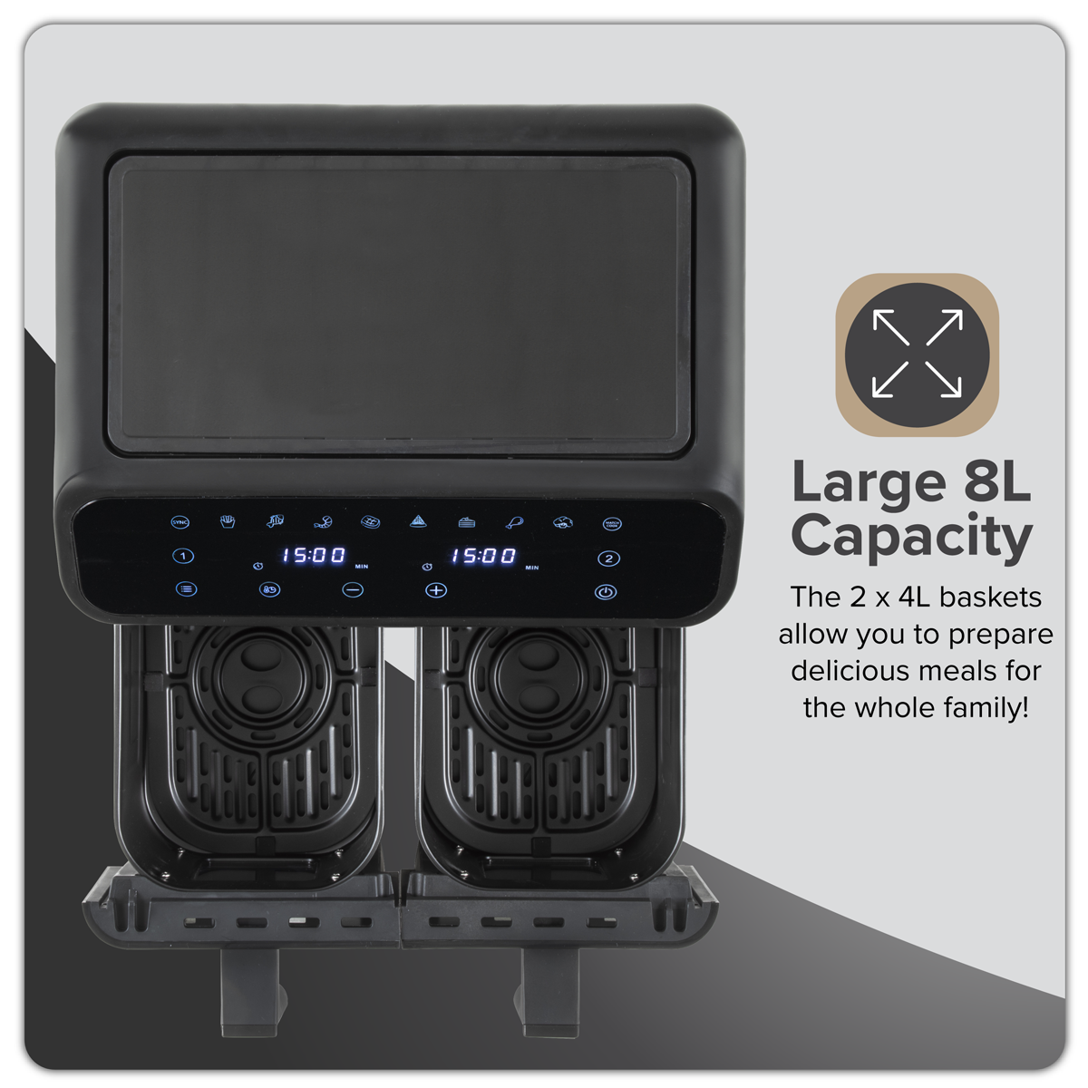 Baridi DH172 Baridi Dual Zone Air Fryer 8L with 8-in-1 Functions Touch Controls, Easy-Clean, Black - DH172