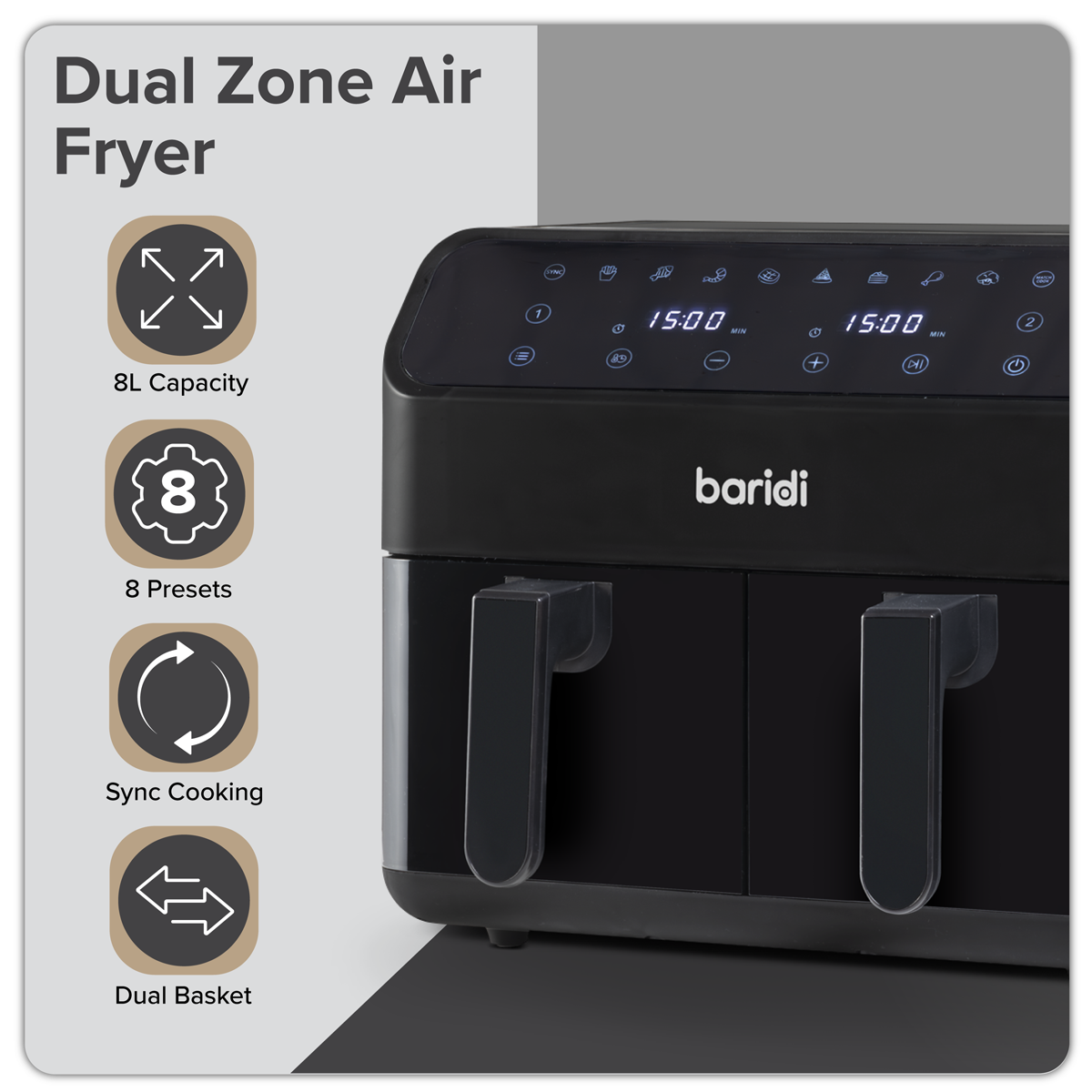 Baridi DH172 Baridi Dual Zone Air Fryer 8L with 8-in-1 Functions Touch Controls, Easy-Clean, Black - DH172