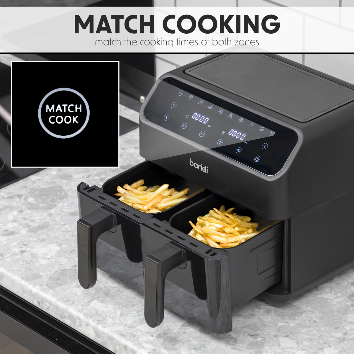 Baridi DH172 Baridi Dual Zone Air Fryer 8L with 8-in-1 Functions Touch Controls, Easy-Clean, Black - DH172